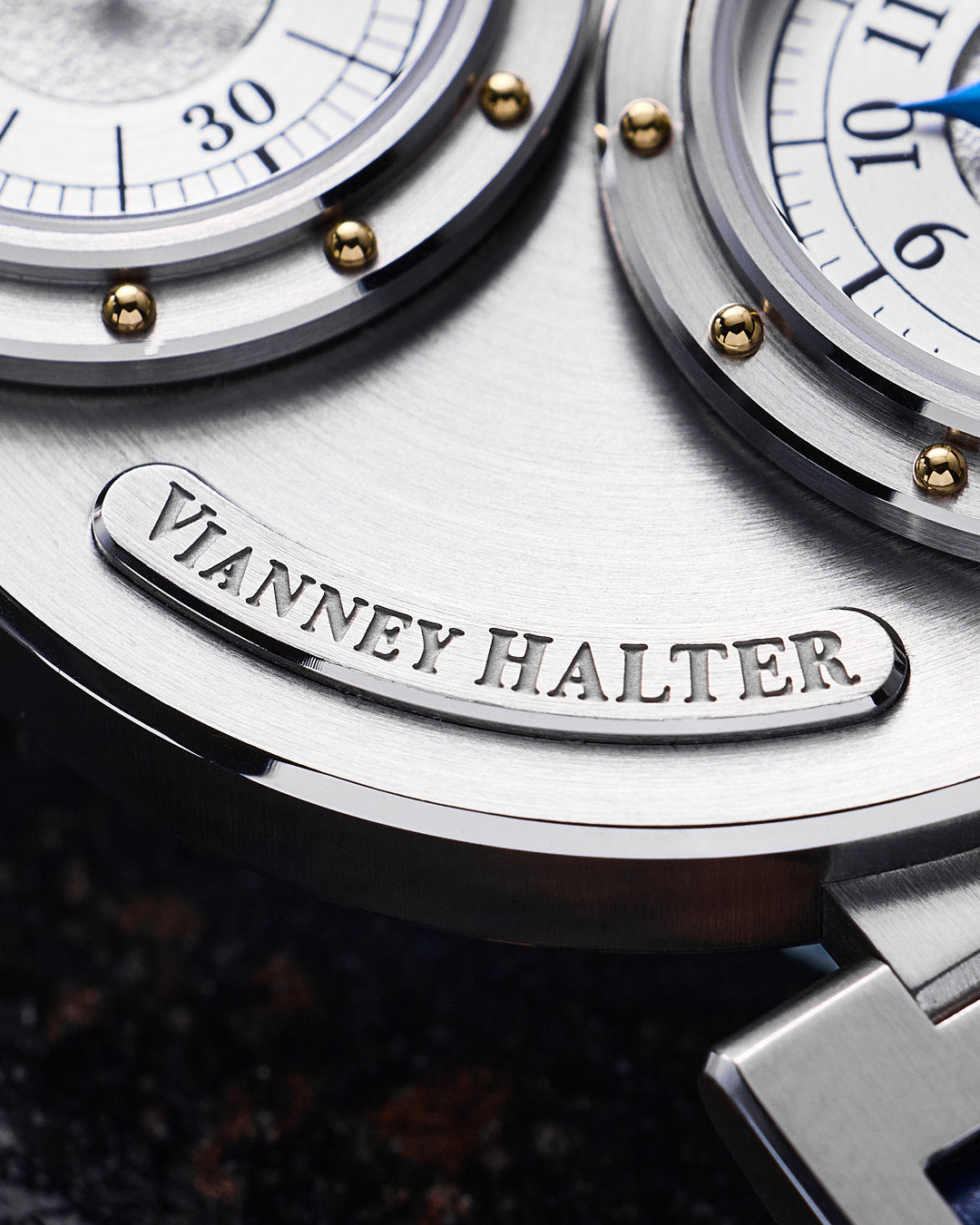Angled view of the Louis Erard x Vianney Halter Futur Antérieur Silver