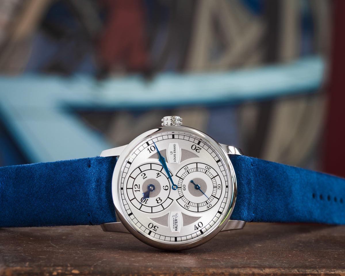 Louis Erard Le Régulateur × Vianney Halter 85237AA51. The stepped dial and crenellated crown connect the collaboration to Halter’s design vocabulary.